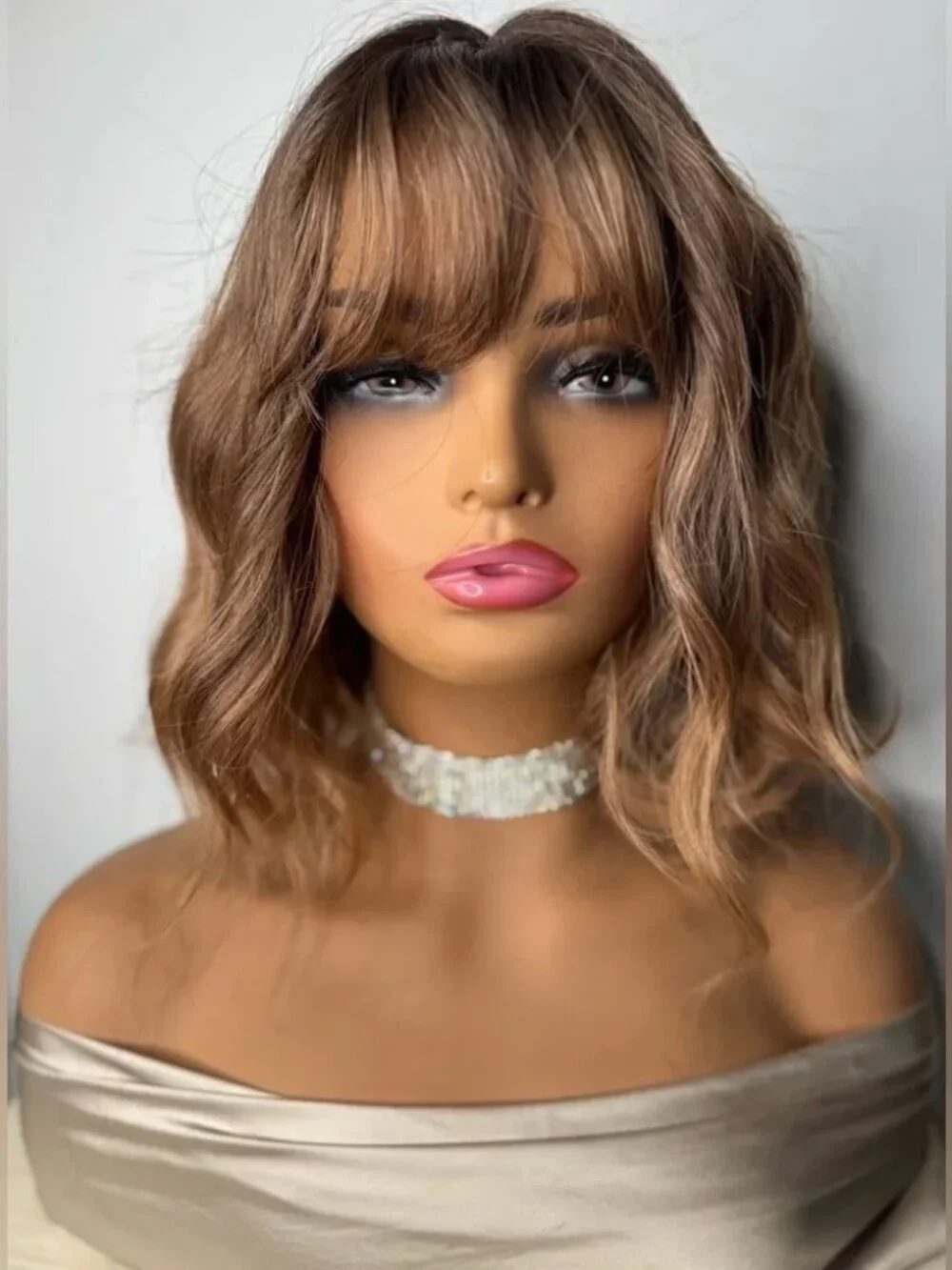 Mocha Brown Wavy Synthetic Wig with Bangs | Shoulder Length | Natural Part